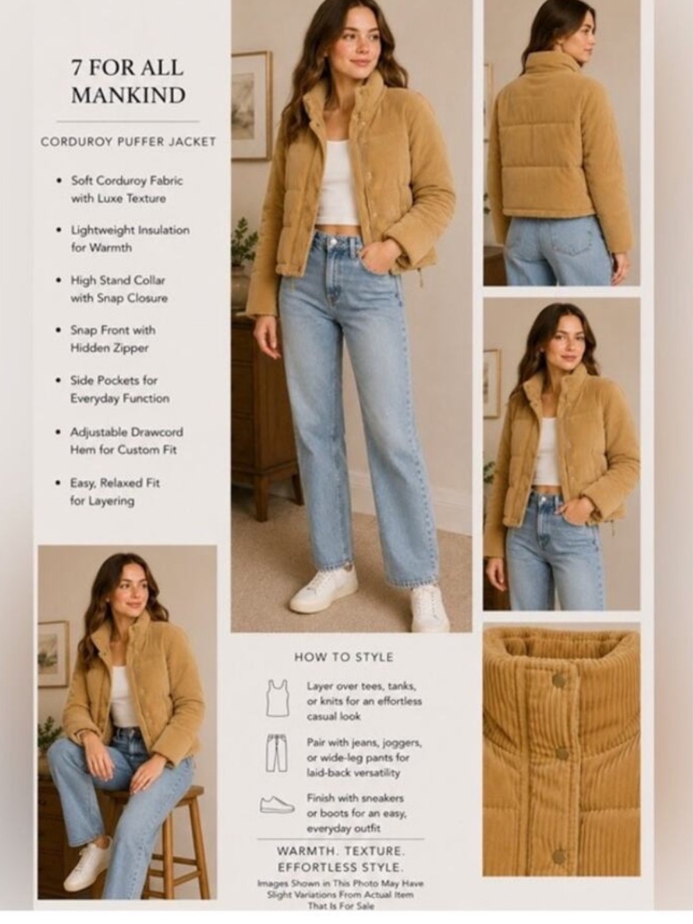 7 For All Mankind Corduroy Cropped Puffer Jacket Tan Camel Beige M NWOT $225